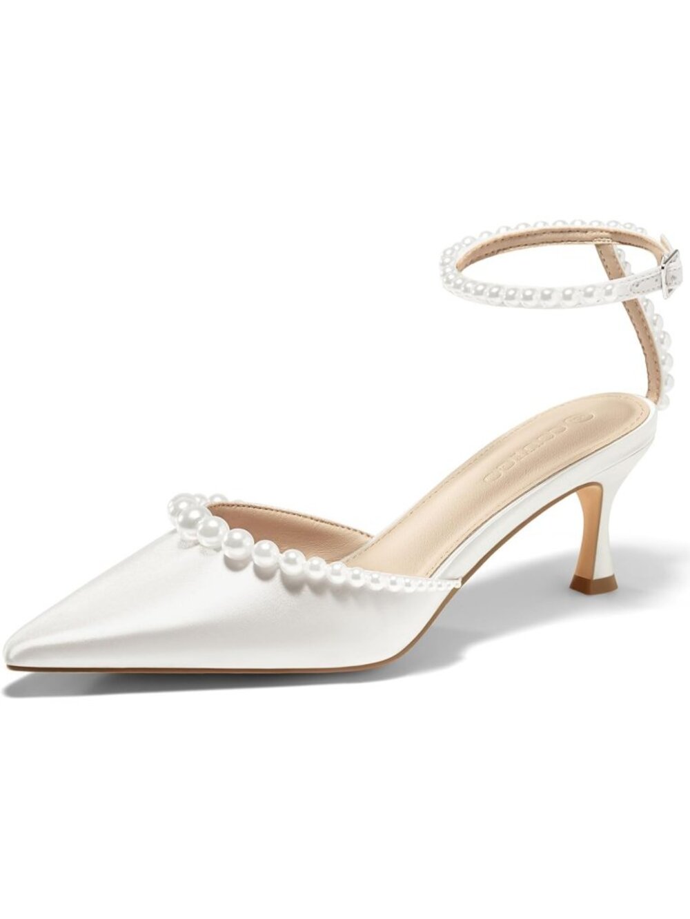 Women's White Closed Pointed Toe Ankle Strap Satin Pearl Kitten Heels